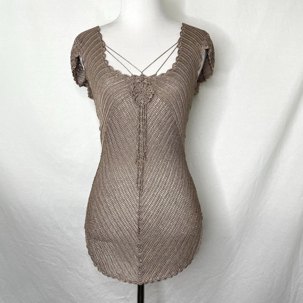 Bebe Top Womens Medium M Crochet Delicate Open Knit Slinky Pullover Bohemian